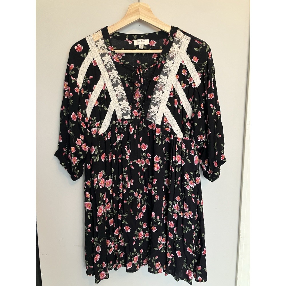 Umgee USA Floral Boho Tunic Top Small Black Lace Peasant Mini Dress V Neck